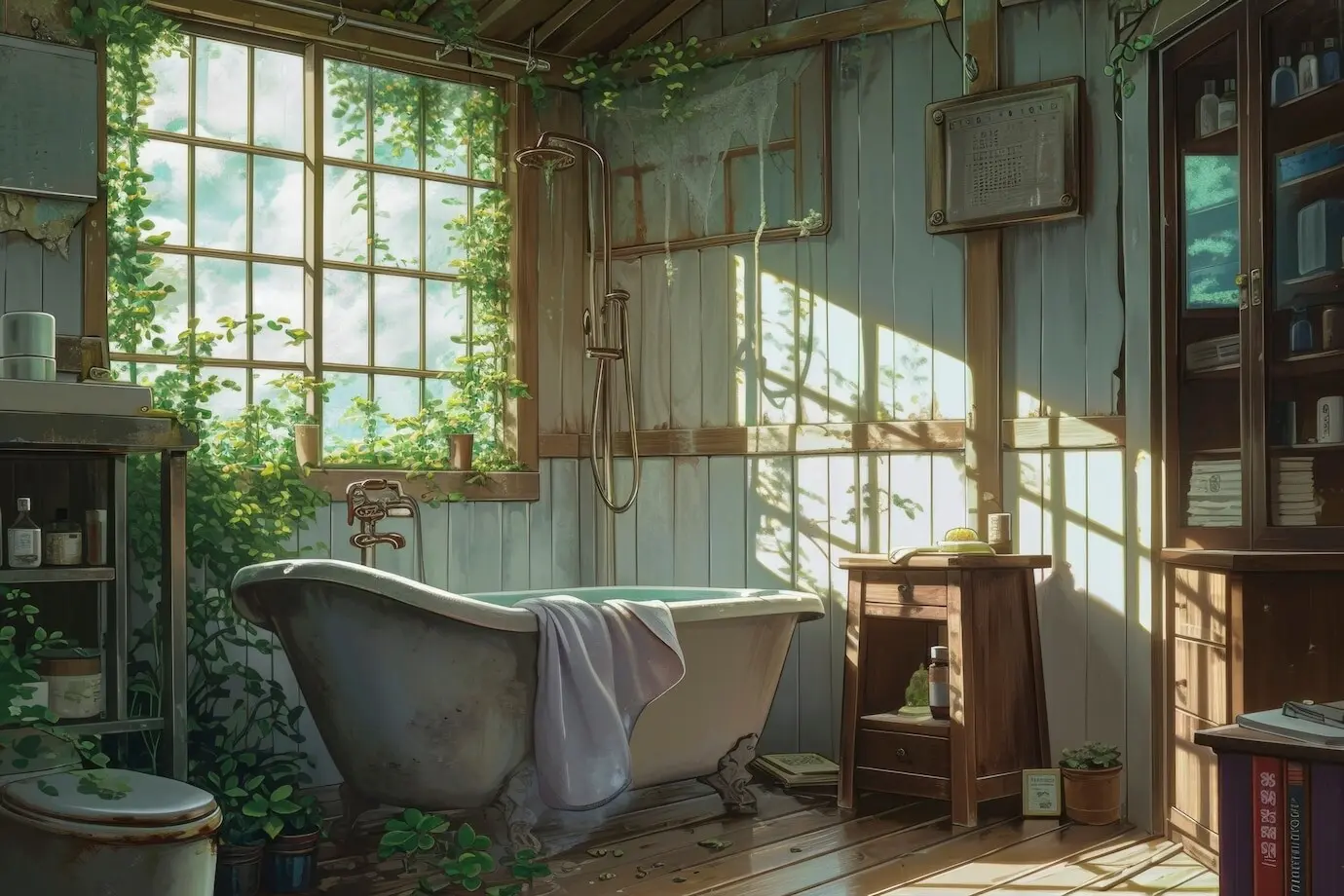 Gemütliches Wohninterieur im Anime-Stil mit Einrichtung